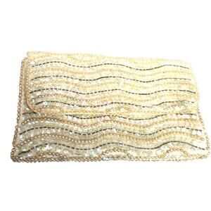 Vtg Signed Debbie Japan Beaded Sequin Faux Pearl Envelope Clutch Purse